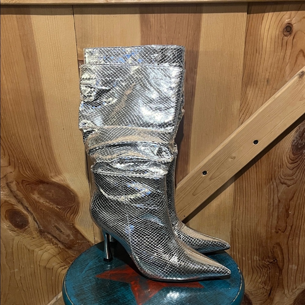 Shimmering Snake Skin Print Silver Heeled Boots
